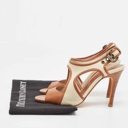 Pre Owned CH Carolina Herrera Brown Leather and Woven Fabric Ankle Strap Sandals Size 37