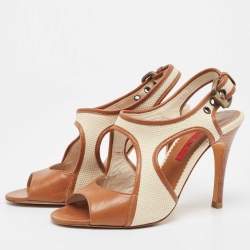 Pre Owned CH Carolina Herrera Brown Leather and Woven Fabric Ankle Strap Sandals Size 37