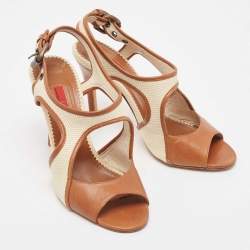 Pre Owned CH Carolina Herrera Brown Leather and Woven Fabric Ankle Strap Sandals Size 37