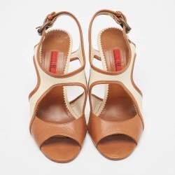 Pre Owned CH Carolina Herrera Brown Leather and Woven Fabric Ankle Strap Sandals Size 37