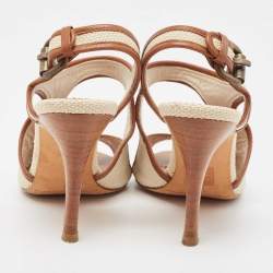 Pre Owned CH Carolina Herrera Brown Leather and Woven Fabric Ankle Strap Sandals Size 37