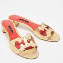 CH Carolina Herrera Gold Python Embossed Slide Sandals Size 40