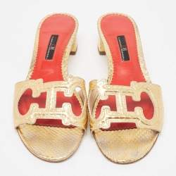 CH Carolina Herrera Gold Python Embossed Slide Sandals Size 40