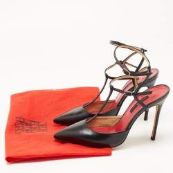 Pre Owned CH Carolina Herrera Black Leather T-Bar Ankle Strap Pumps Size 38