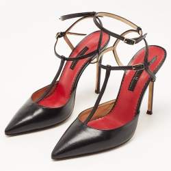Pre Owned CH Carolina Herrera Black Leather T-Bar Ankle Strap Pumps Size 38