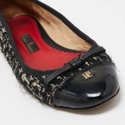 CH Carolina Herrera Black Tweed and Patent Leather Bow Ballet Flats Size 37