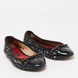 CH Carolina Herrera Black Tweed and Patent Leather Bow Ballet Flats Size 37