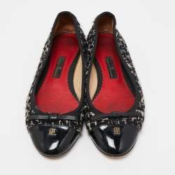 CH Carolina Herrera Black Tweed and Patent Leather Bow Ballet Flats Size 37