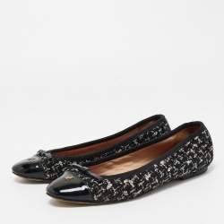 CH Carolina Herrera Black Tweed and Patent Leather Bow Ballet Flats Size 37