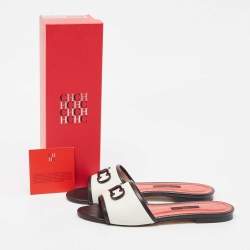 Pre Owned CH Carolina Herrera White/Black Leather CH Logo Flat Slides Size 39