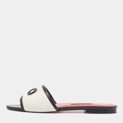 Pre Owned CH Carolina Herrera White/Black Leather CH Logo Flat Slides Size 39