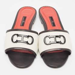 Pre Owned CH Carolina Herrera White/Black Leather CH Logo Flat Slides Size 39