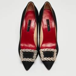 مملوكة مسبقًا Carolina Herrera Black Suede Crystal Embellished Pointed Toe Pumps Size 38