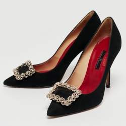 مملوكة مسبقًا Carolina Herrera Black Suede Crystal Embellished Pointed Toe Pumps Size 38