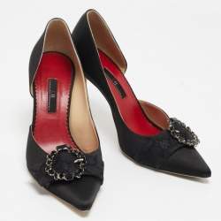 Pre Owned CH Carolina Herrera Black Satin Crystal Embellished Pointed Toe Pumps Size 39