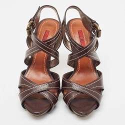 Pre Owned CH Carolina Herrera Brown Leather Strappy Sandals Size 37