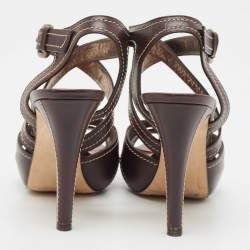 Pre Owned CH Carolina Herrera Brown Leather Strappy Sandals Size 37