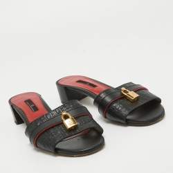 Pre Owned CH Carolina Herrera Black Monogram Leather Locked Slide Sandals Size 39