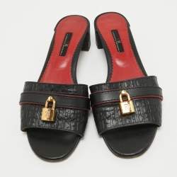 Pre Owned CH Carolina Herrera Black Monogram Leather Locked Slide Sandals Size 39