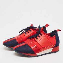 Pre Owned CH Carolina Herrera Red/Navy Blue Leather and Suede Low Top Sneakers Size 36