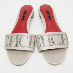 Pre Owned CH Carolina Herrera Grey Satin Slide Sandals Size 39