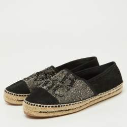 Pre Owned CH Carolina Herrera Black/Silver Crystal Embellished Suede Espadrille Flats Size 40