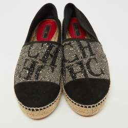 Pre Owned CH Carolina Herrera Black/Silver Crystal Embellished Suede Espadrille Flats Size 40