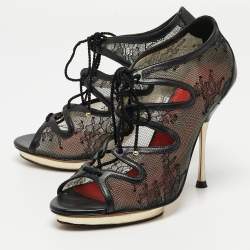 CH Carolina Herrera Black Mesh and Leather Lace Up  Ankle Boots Size 37