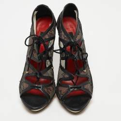 CH Carolina Herrera Black Mesh and Leather Lace Up  Ankle Boots Size 37