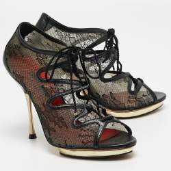 CH Carolina Herrera Black Mesh and Leather Lace Up  Ankle Boots Size 37