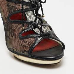 CH Carolina Herrera Black Mesh and Leather Lace Up  Ankle Boots Size 37