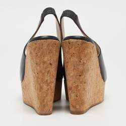 Pre Owned CH Carolina Herrera Navy Blue Leather Cork Wedge Slingback Platform Sandals Size 40