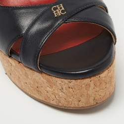 Pre Owned CH Carolina Herrera Navy Blue Leather Cork Wedge Slingback Platform Sandals Size 40