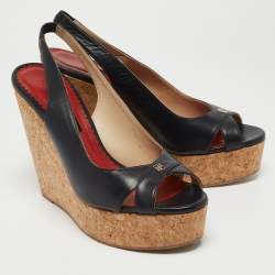 Pre Owned CH Carolina Herrera Navy Blue Leather Cork Wedge Slingback Platform Sandals Size 40
