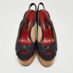 Pre Owned CH Carolina Herrera Navy Blue Leather Cork Wedge Slingback Platform Sandals Size 40
