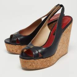 Pre Owned CH Carolina Herrera Navy Blue Leather Cork Wedge Slingback Platform Sandals Size 40