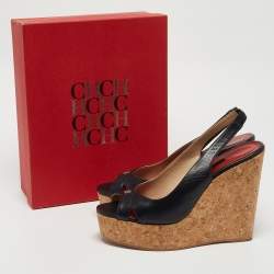 Pre Owned CH Carolina Herrera Navy Blue Leather Cork Wedge Slingback Platform Sandals Size 40