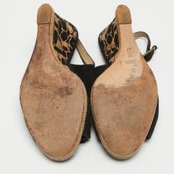 Pre Owned CH Carolina Herrera Black Suede Bow Cork Wedge Slingback Sandals Size 38