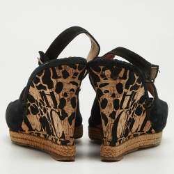 Pre Owned CH Carolina Herrera Black Suede Bow Cork Wedge Slingback Sandals Size 38