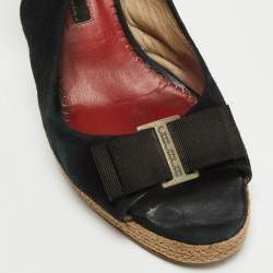 Pre Owned CH Carolina Herrera Black Suede Bow Cork Wedge Slingback Sandals Size 38