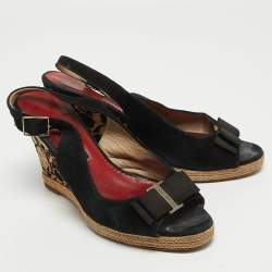 Pre Owned CH Carolina Herrera Black Suede Bow Cork Wedge Slingback Sandals Size 38