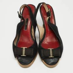 Pre Owned CH Carolina Herrera Black Suede Bow Cork Wedge Slingback Sandals Size 38