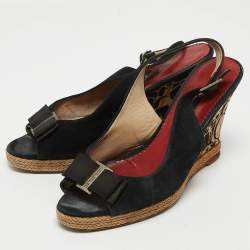 Pre Owned CH Carolina Herrera Black Suede Bow Cork Wedge Slingback Sandals Size 38