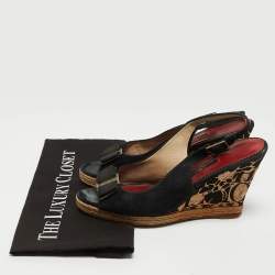 Pre Owned CH Carolina Herrera Black Suede Bow Cork Wedge Slingback Sandals Size 38