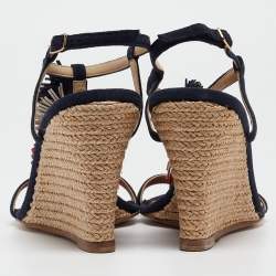 CH Carolina Herrera Navy Blue Suede Tassel Wedge Sandals Size 37