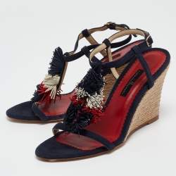 CH Carolina Herrera Navy Blue Suede Tassel Wedge Sandals Size 37