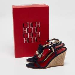 CH Carolina Herrera Navy Blue Suede Tassel Wedge Sandals Size 37