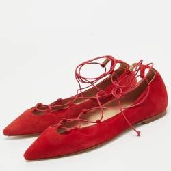 CH Carolina Herrera Red Suede Pointed Toe Tie Up Ballet Flats Size 37