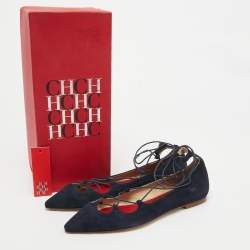 CH Carolina Herrera Blue Suede Pointed Toe Tie Up Ballet Flats Size 37