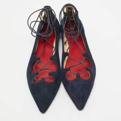 CH Carolina Herrera Blue Suede Pointed Toe Tie Up Ballet Flats Size 37